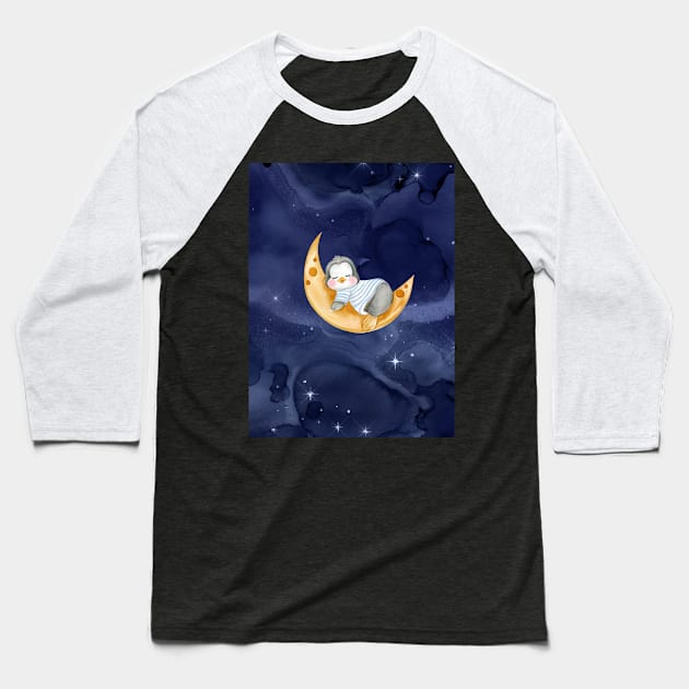 Sleepy Baby Penguin Baseball T-Shirt by Royal7Arts